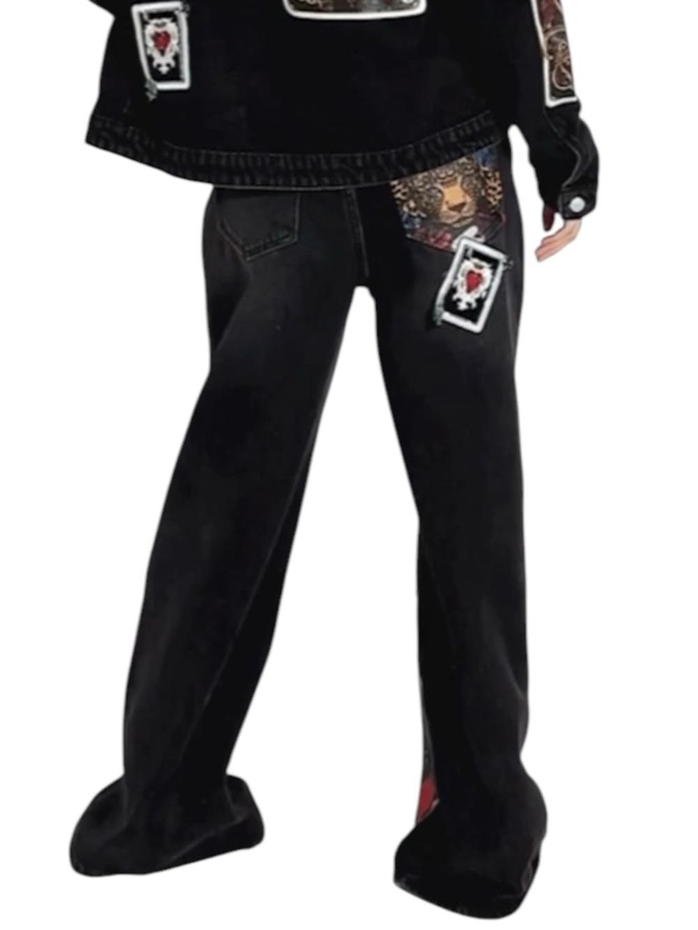 Akira RARE Queen Of Hearts Printed & Embellished Denim Jeans Pants Size 33/17 - Picture 6 of 15